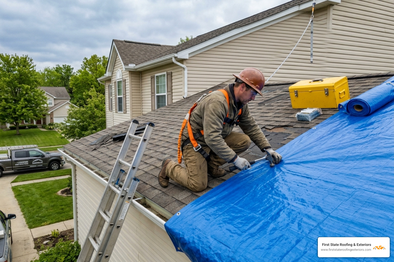 licensed roofer wearing OSHA safety harness installing emergency roof tarp on damaged home - storm damage repair