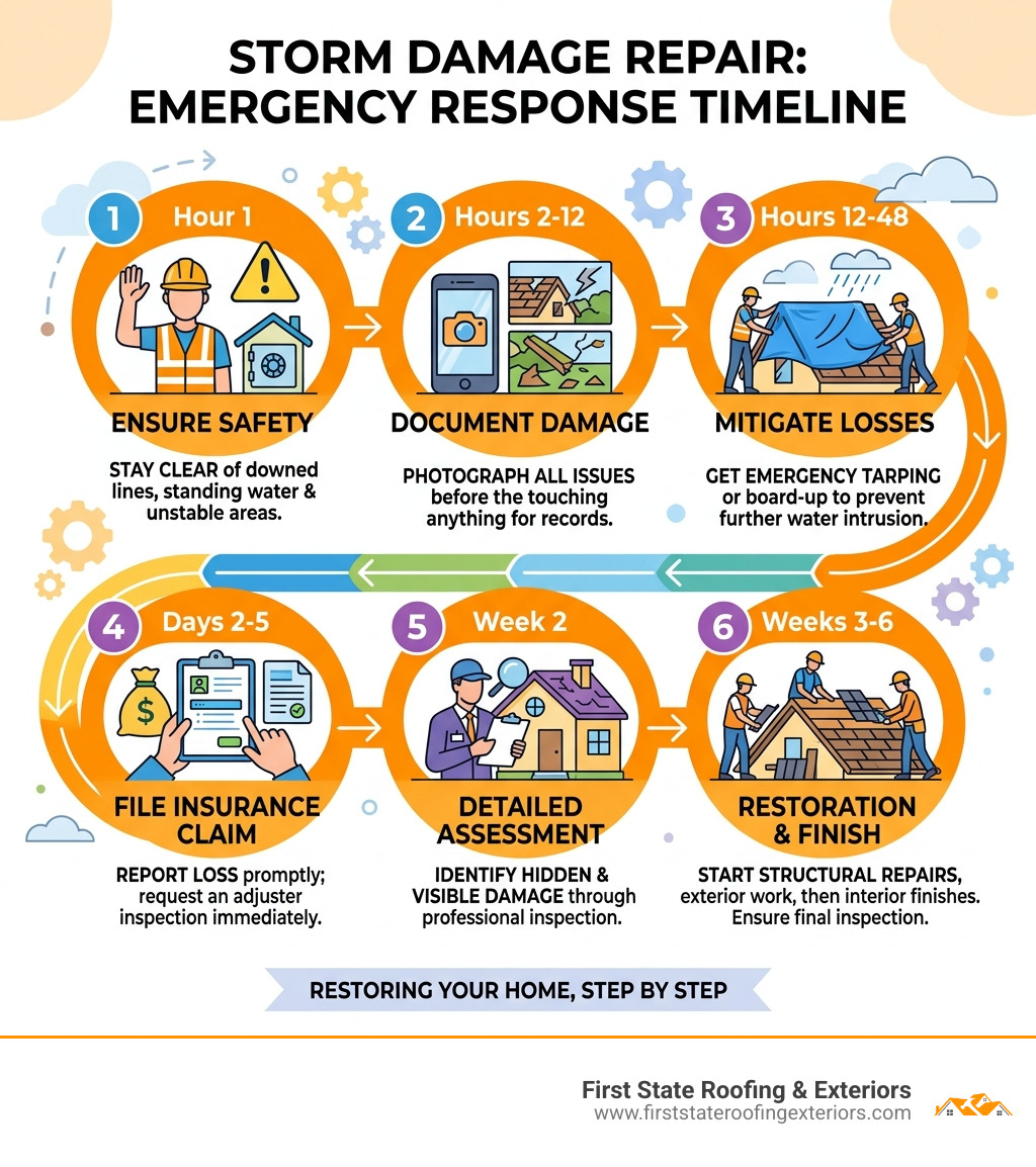 Storm damage repair emergency response timeline infographic showing 6 steps from hour 1 to week 6 - storm damage repair