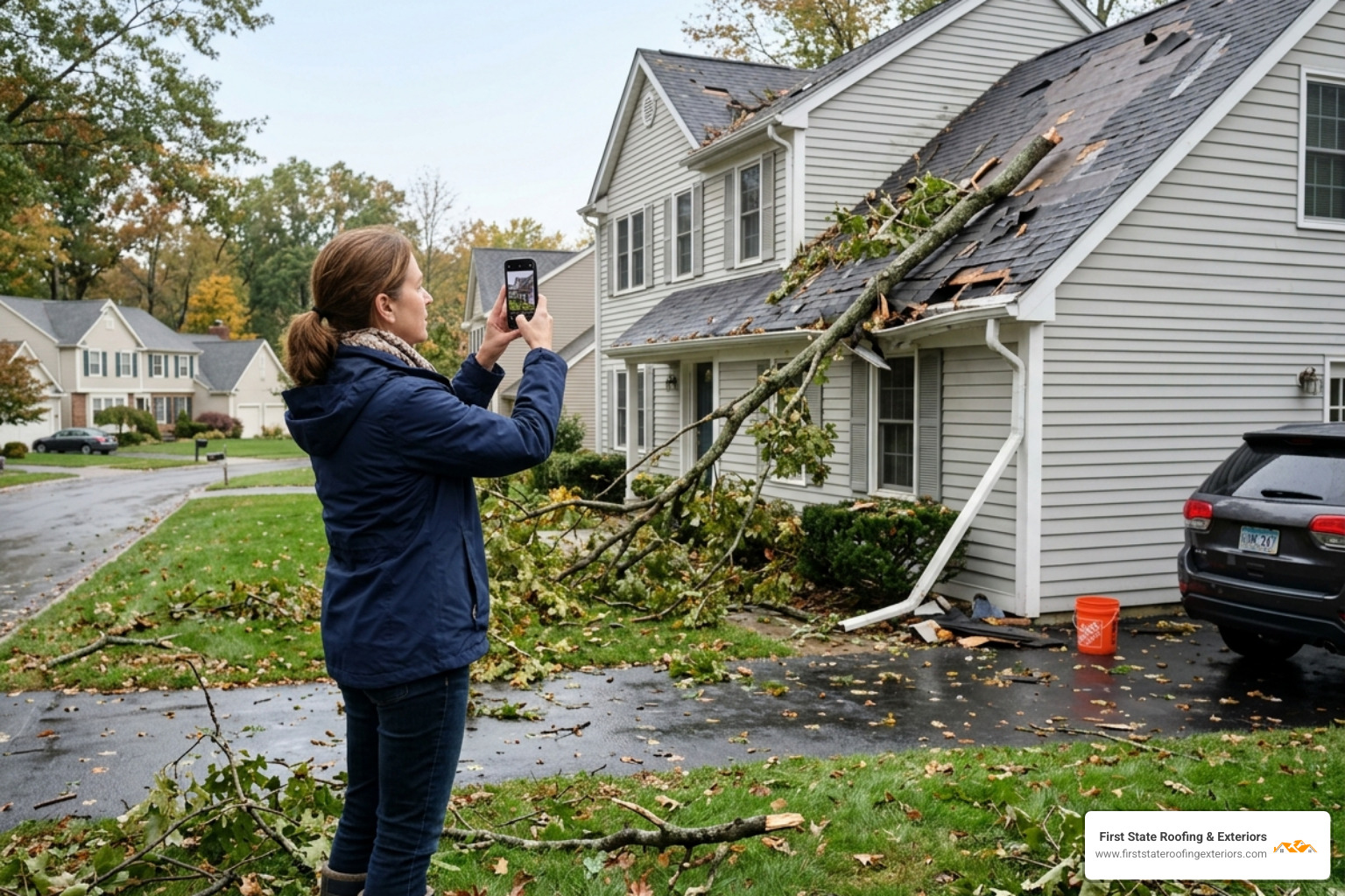 homeowner using smartphone to take high resolution photos of storm damage for insurance - storm damage repair