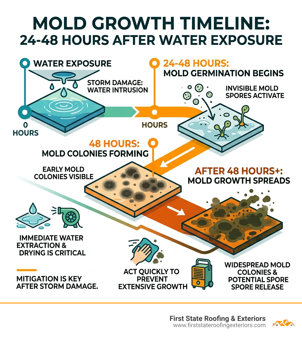 infographic showing mold growth timeline within 24-48 hours of water exposure - storm damage repair infographic 