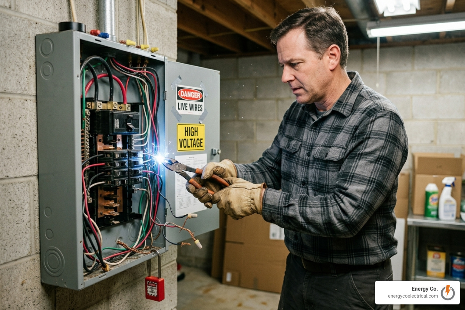 homeowner dangerously holding pliers near a live electrical panel - emergency electrician