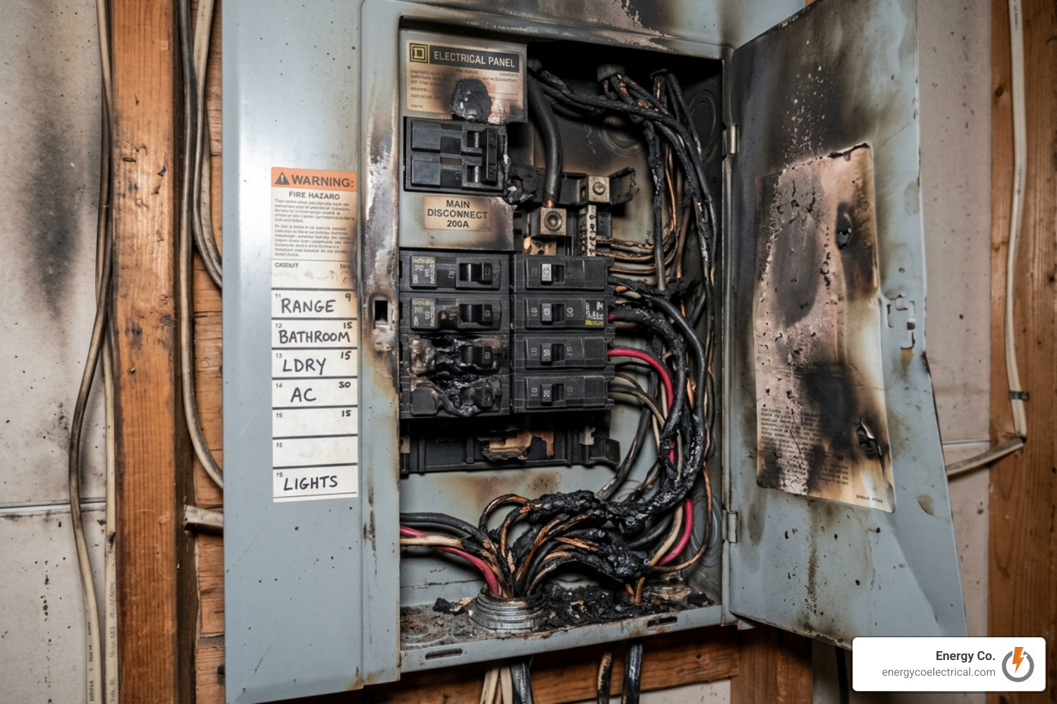 scorched electrical panel from ignored warning signs - emergency electrician