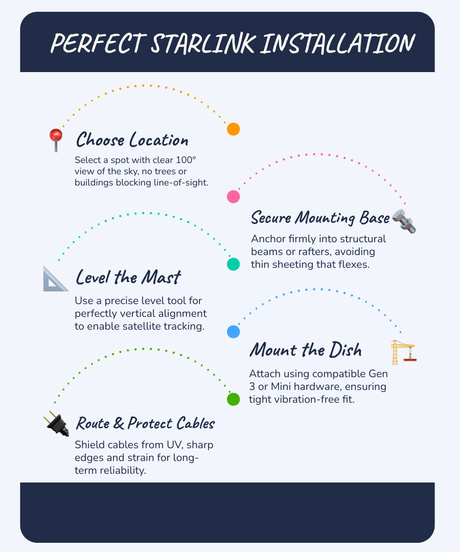 Infographic showing the 5-step process for a perfect Starlink installation - Starlink mounting kits infographic Infographic showing the 5-step process for a perfect Starlink installation - Starlink mounting kits infographic