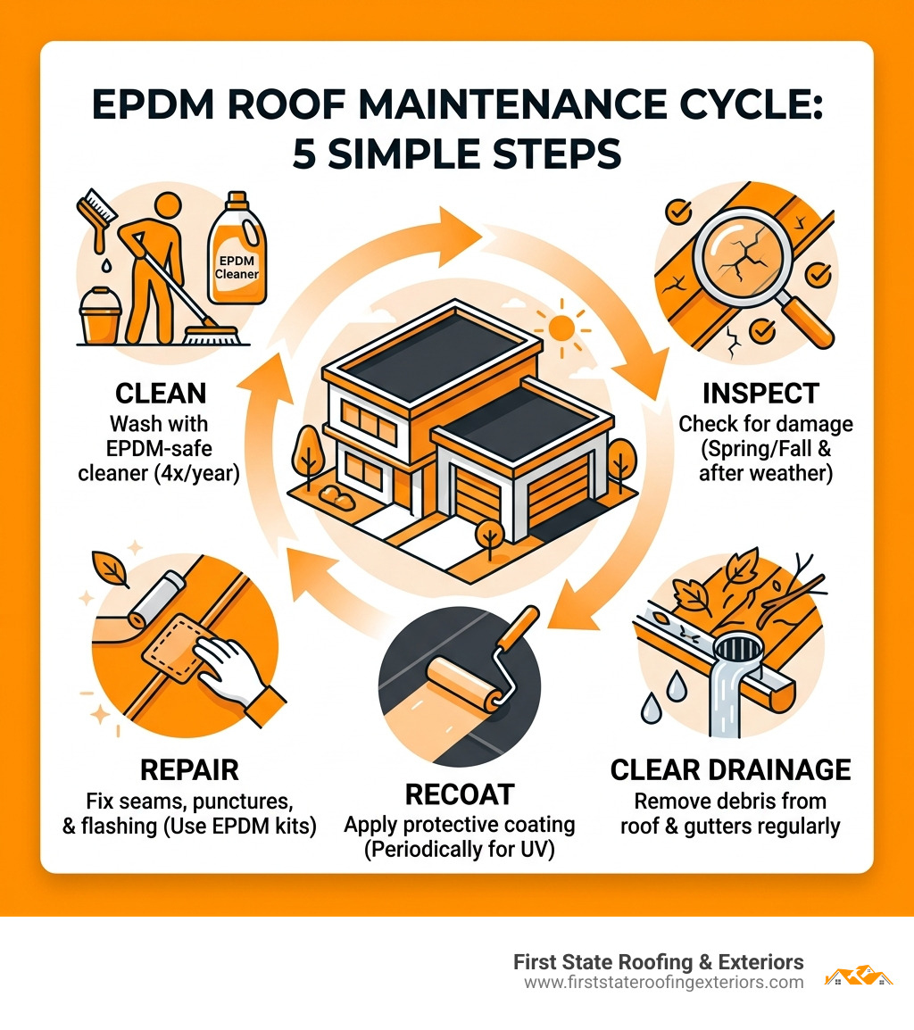 Infographic showing the 5-step EPDM roof maintenance cycle: clean, inspect, clear drainage, repair, recoat - epdm roof