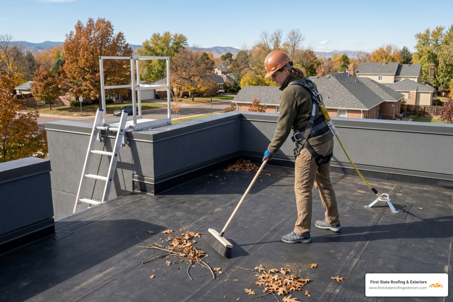 Homeowner safely clearing leaves and debris from a flat EPDM roof - epdm roof maintenance