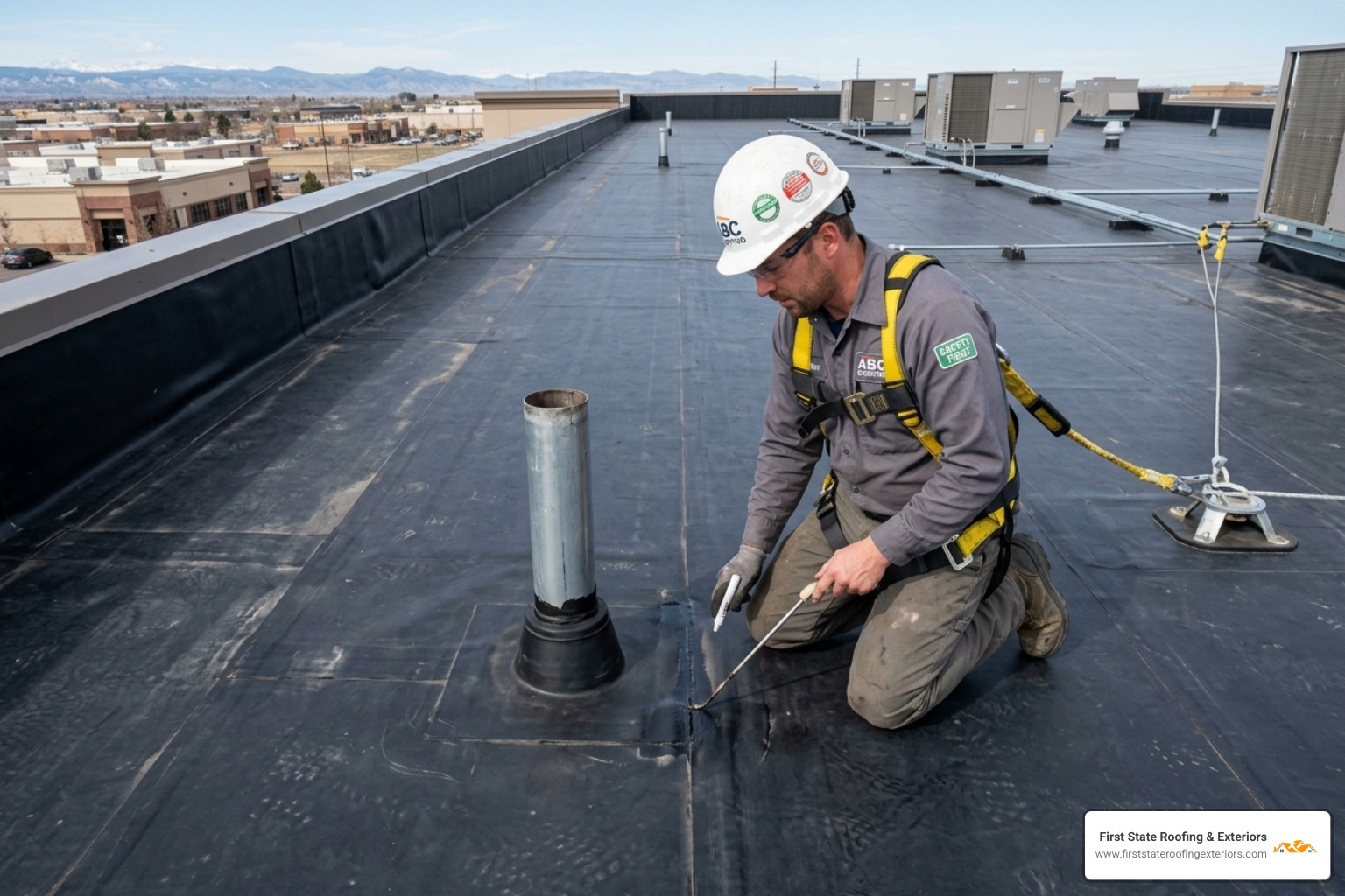 Technician in a safety harness inspecting a black EPDM roof membrane - epdm roof maintenance