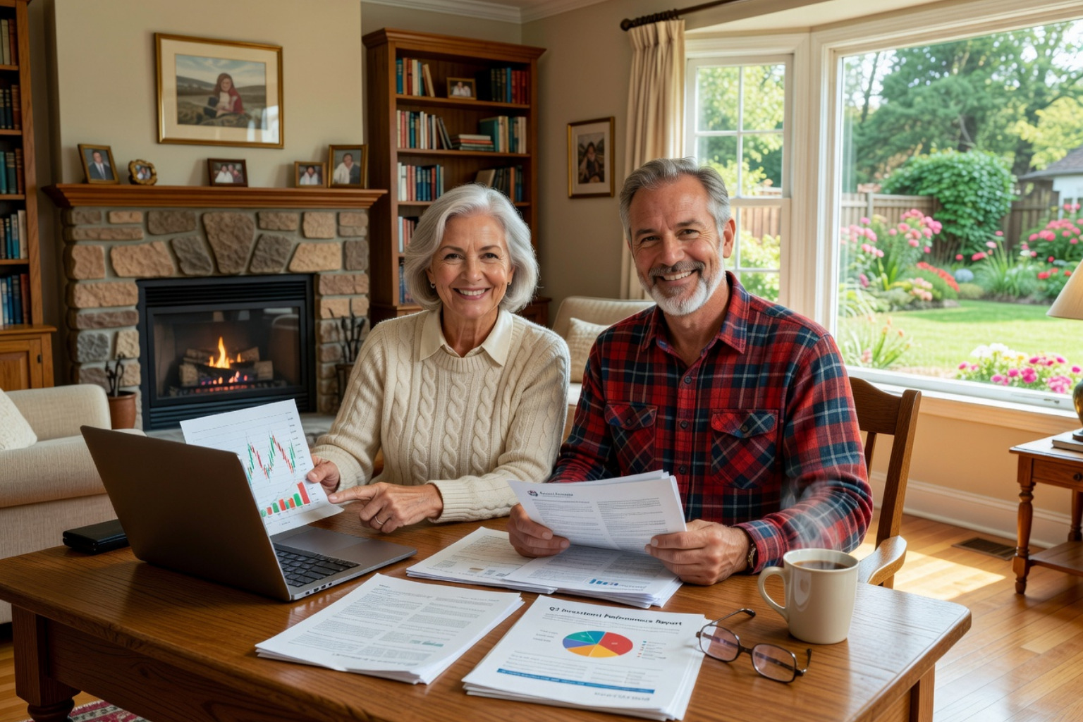 A retired couple reviewing financial reports and investment performance together at home, with a cozy living room background and a warm fireplace.