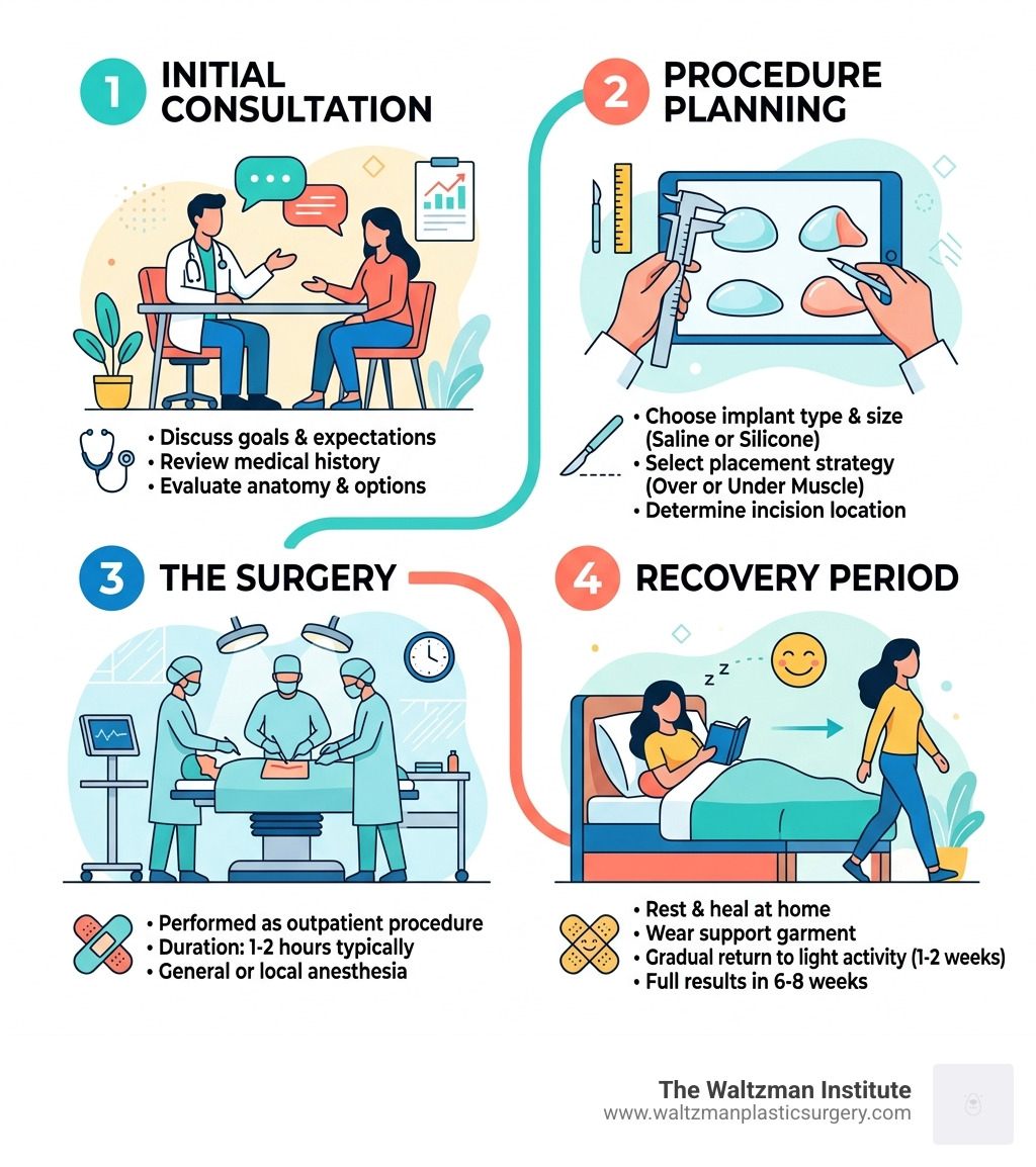 Steps of the breast augmentation procedure from consultation to recovery - breast augmentation infographic Steps of the breast augmentation procedure from consultation to recovery - breast augmentation infographic