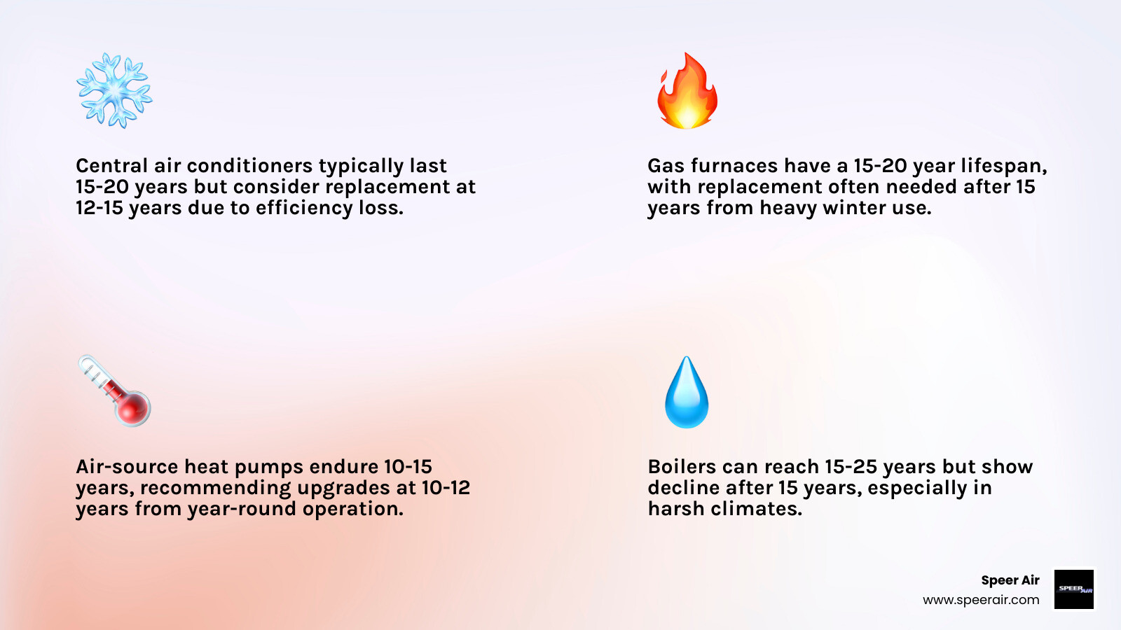 Infographic showing HVAC lifespan by equipment type with replacement age thresholds - how old is too old for an hvac system Infographic showing HVAC lifespan by equipment type with replacement age thresholds - how old is too old for an hvac system
