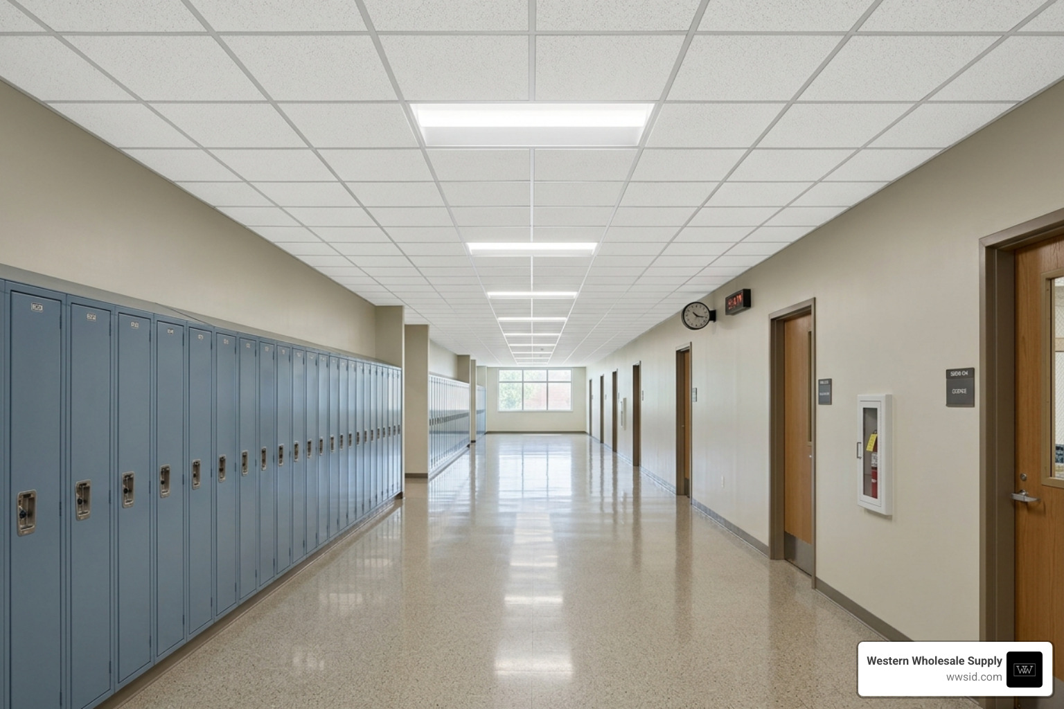 Clean installation of acoustical ceiling tiles in a quiet school hallway - acoustical lay in ceiling tile Clean installation of acoustical ceiling tiles in a quiet school hallway - acoustical lay in ceiling tile