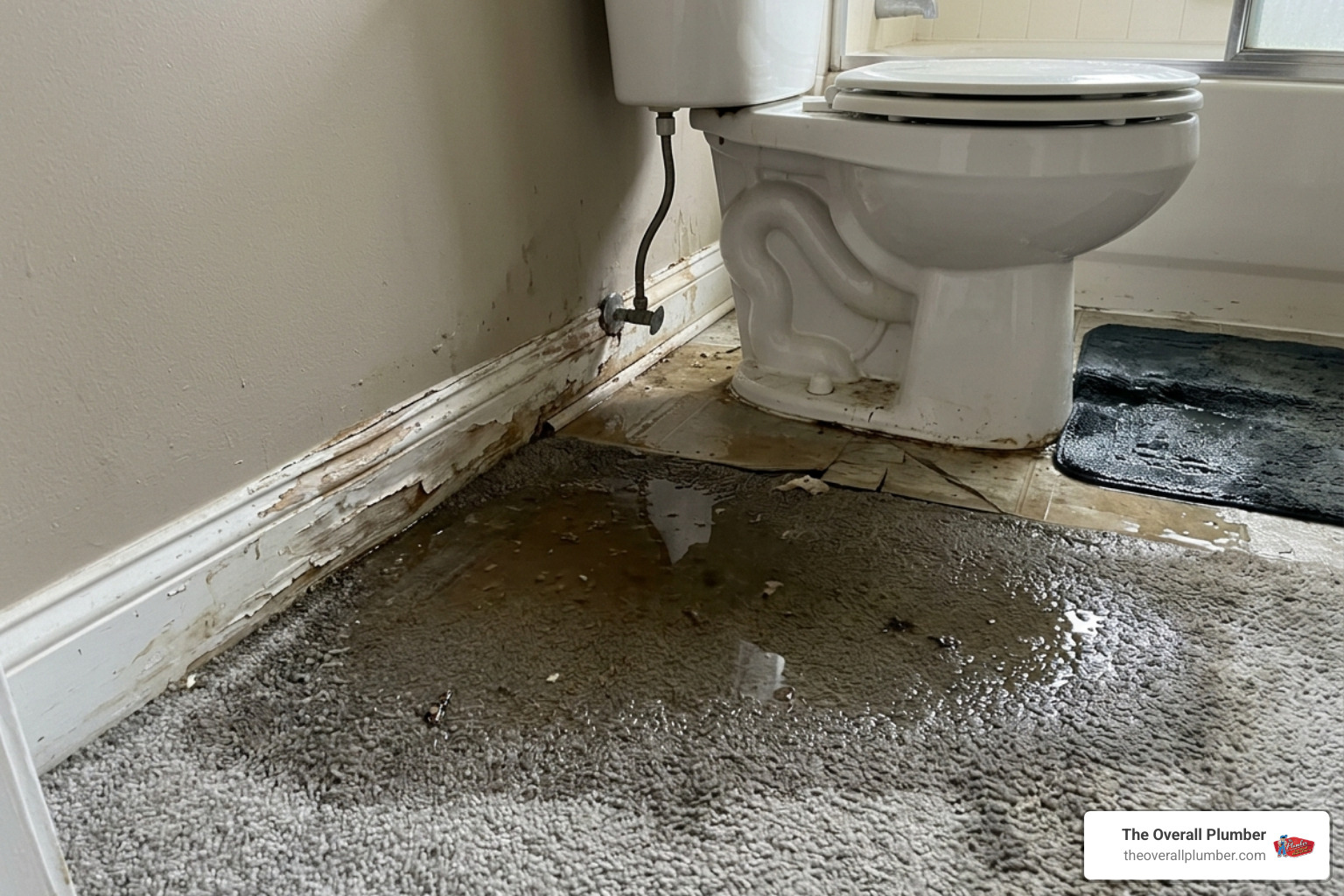 bathroom floor with water damage from a toilet overflow - will a toilet unclog itself overnight