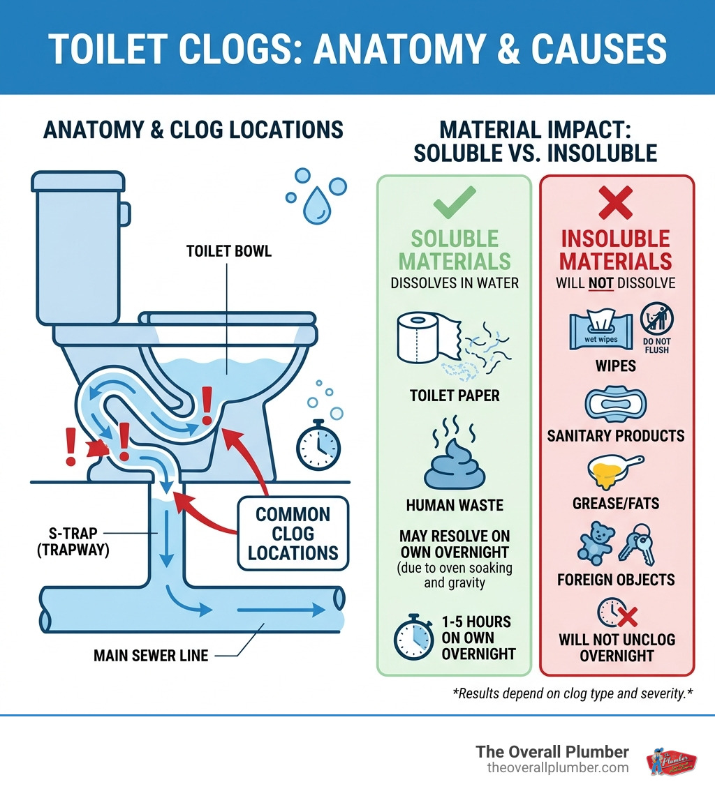 infographic showing toilet trap anatomy, common clog locations, and soluble vs insoluble materials - will a toilet unclog