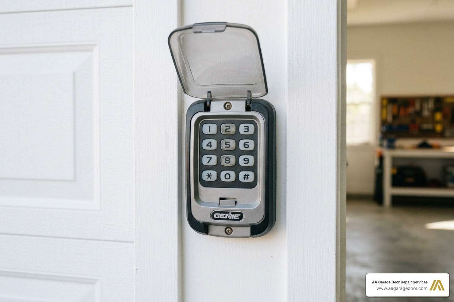 Genie GK wireless keypad mounted on a clean garage door frame - garage door opener keypad instructions
