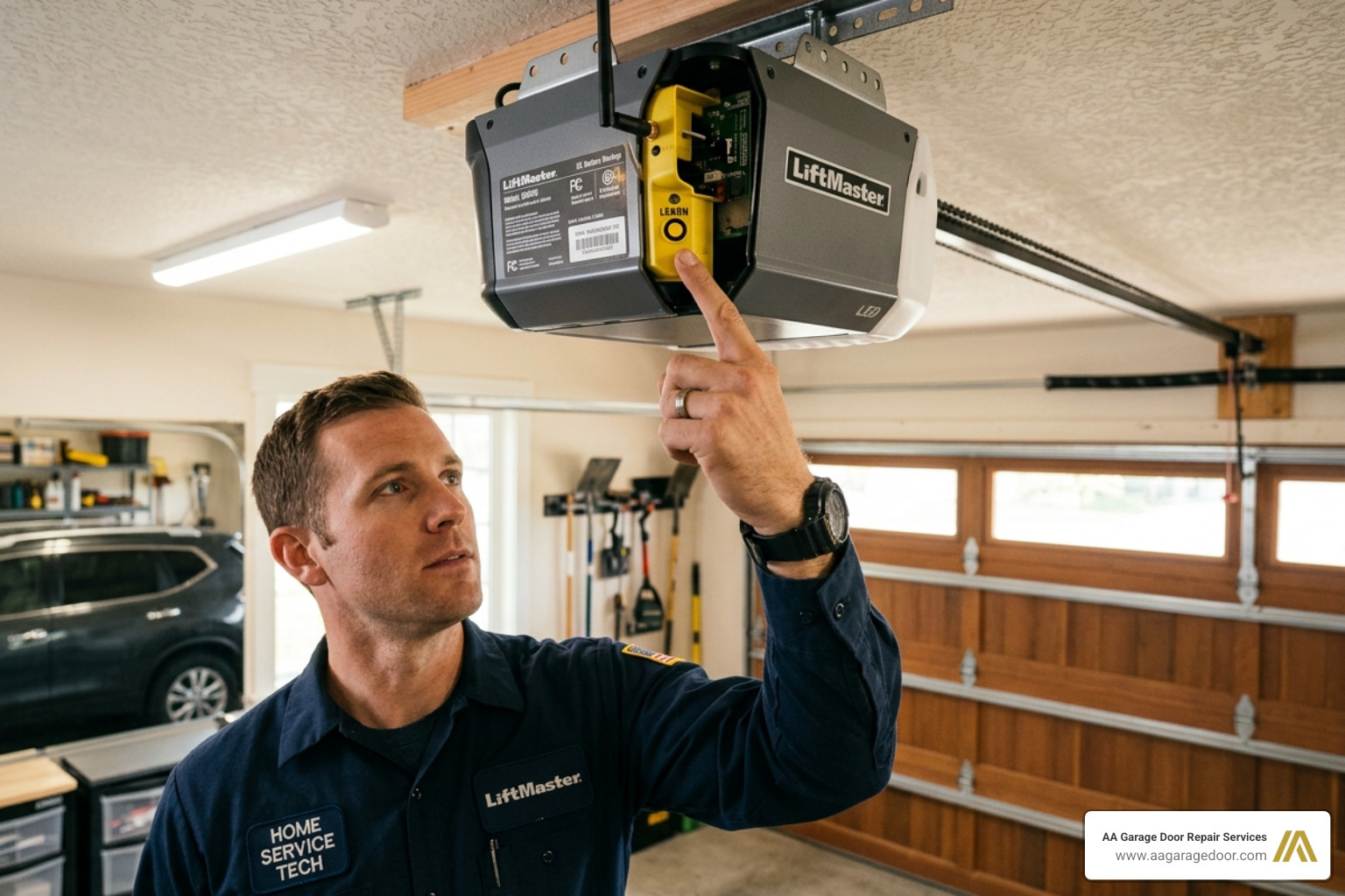 technician highlighting the learn button on a garage door opener motor unit - garage door opener keypad instructions