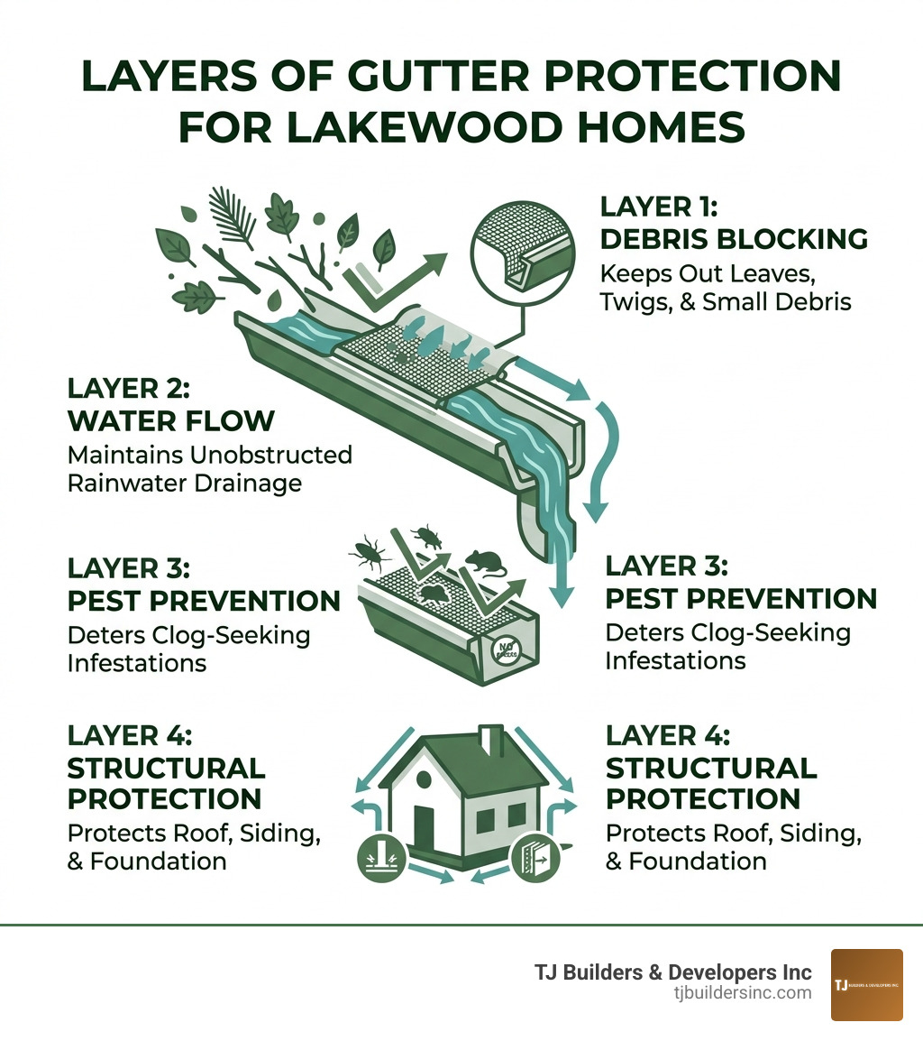 Infographic showing layers of gutter protection: debris blocking, water flow, pest prevention, and structural protection for