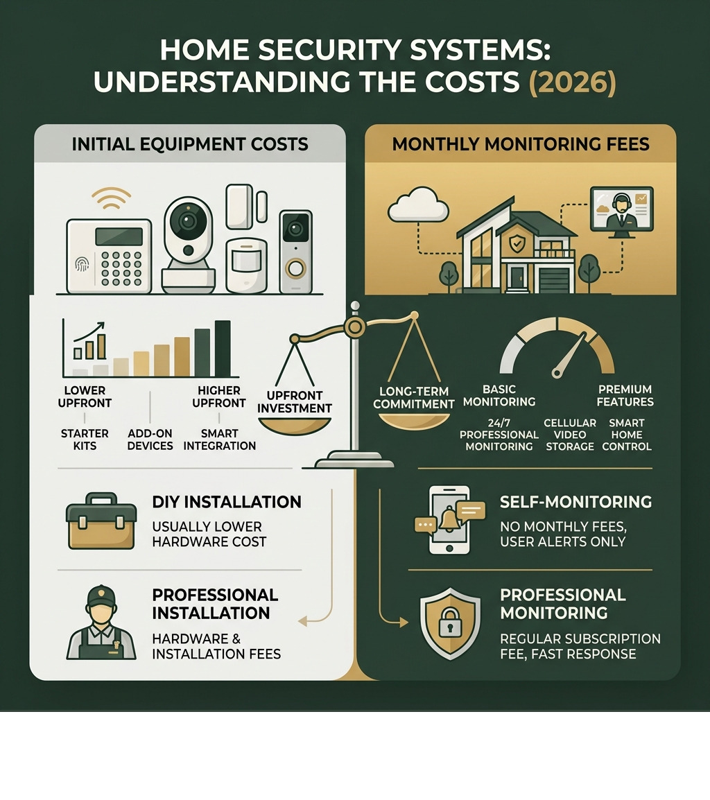 Infographic comparing equipment costs vs monthly monitoring fees - home security systems infographic 
