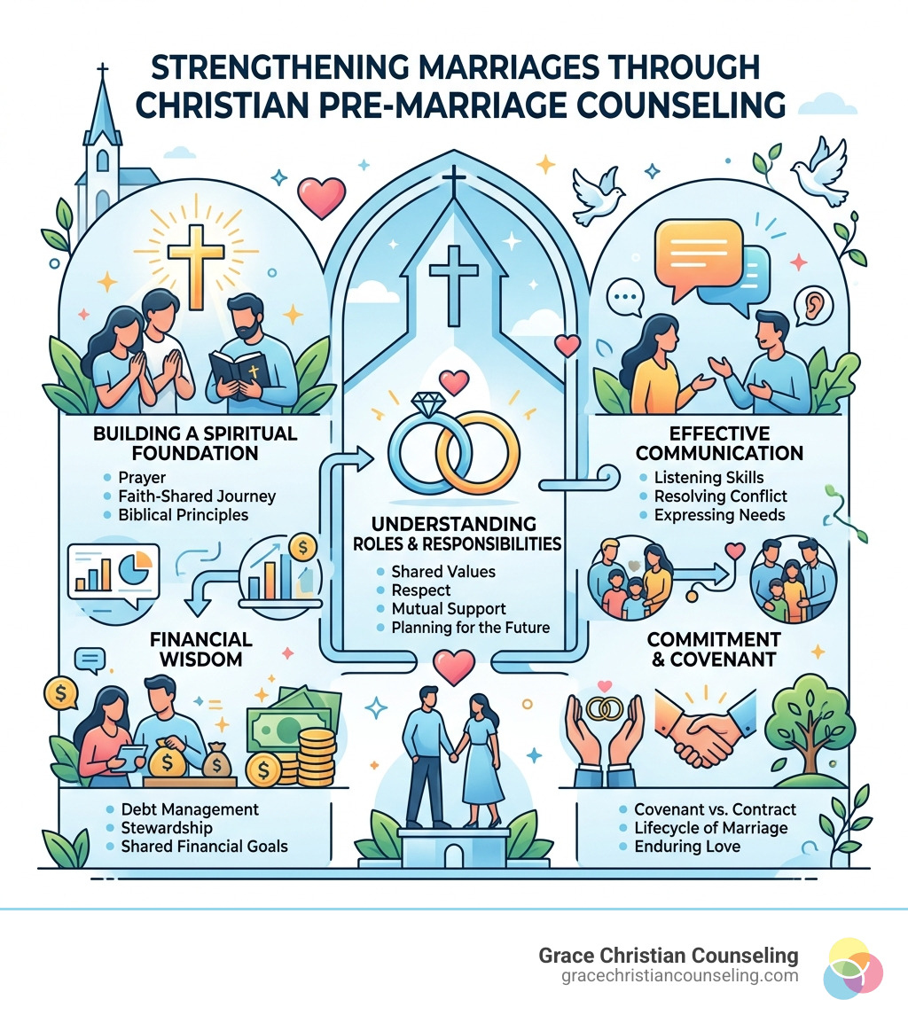 Infographic showing 31% divorce reduction and key topics covered in Christian pre marriage counseling - christian pre