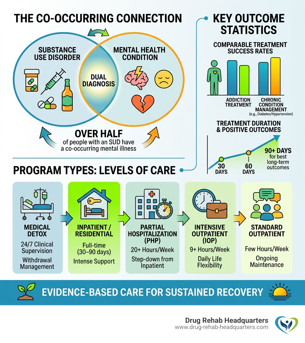 Infographic showing the connection between substance use disorders and co-occurring mental health conditions, program types