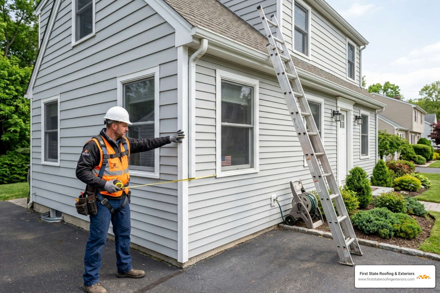 Contractor measuring exterior walls for a siding estimate - cost of siding replacement