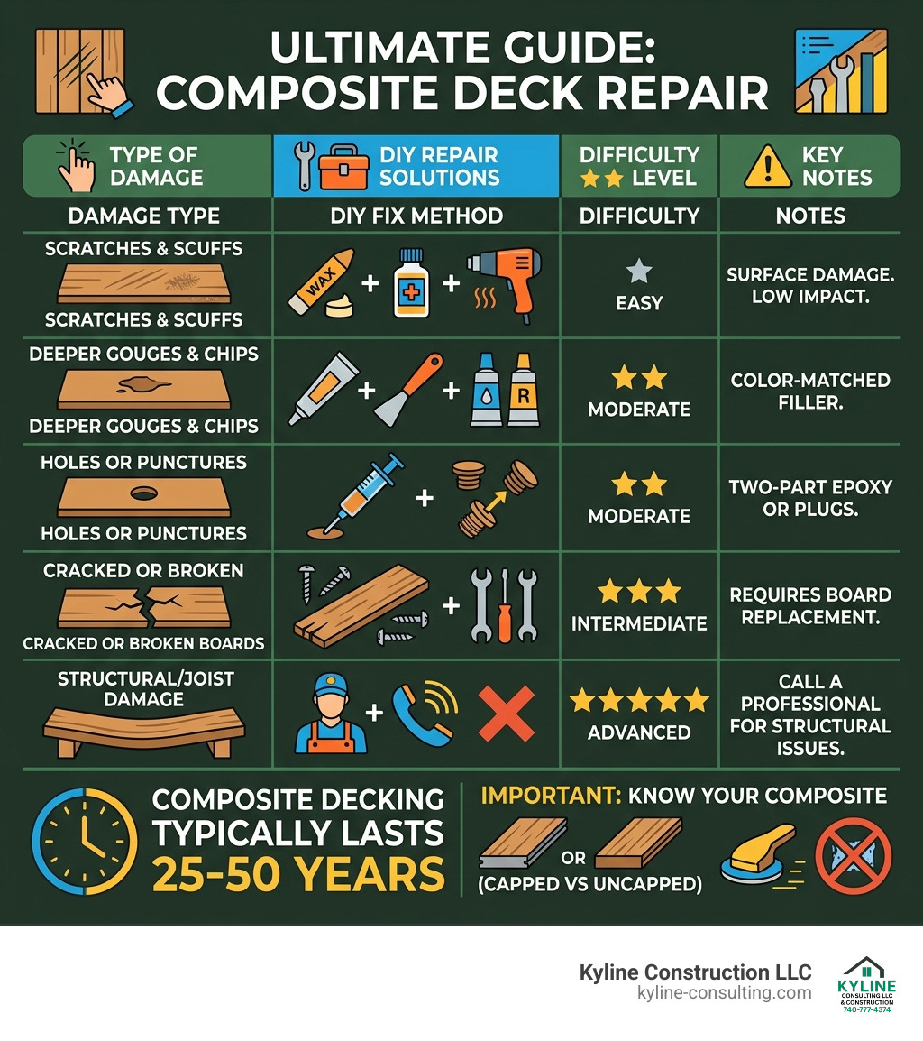 Composite deck repair infographic showing damage types, DIY fix methods, and when to replace boards - composite deck repair