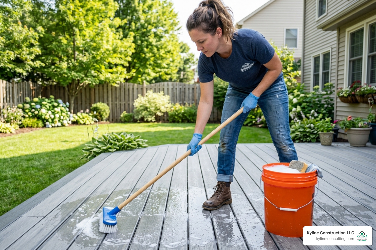 A DIYer cleaning a composite deck surface with a soft-bristle brush and mild soap - composite deck repair
