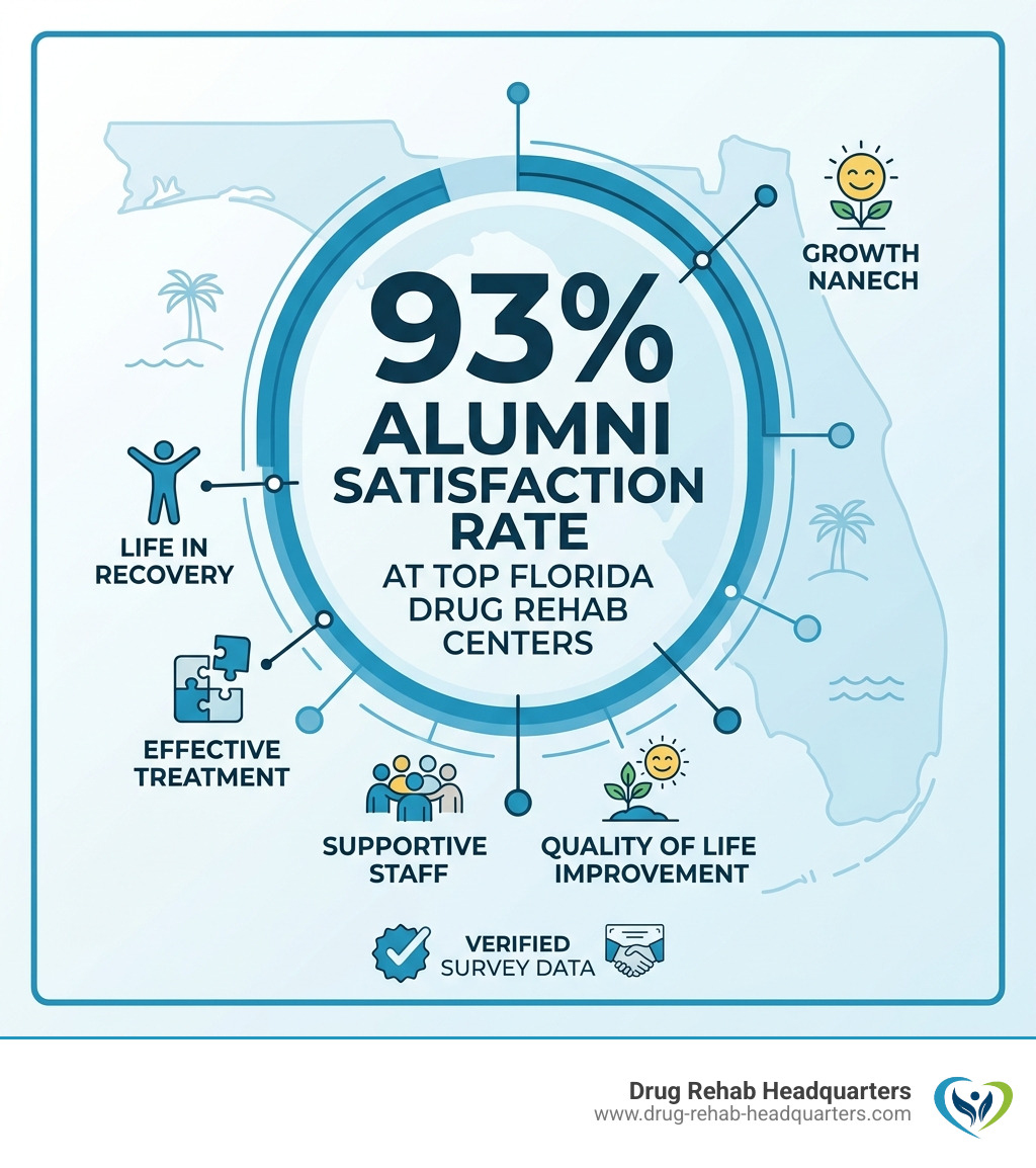 Stat showing 93 percent alumni satisfaction rate at top Florida centers - Florida drug rehab centers infographic 