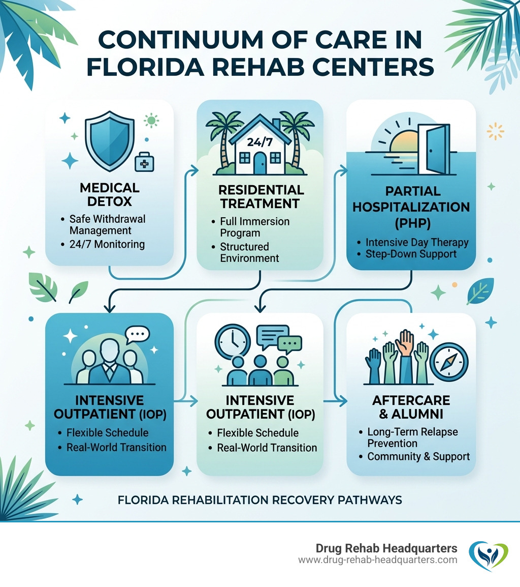 Infographic showing continuum of care from detox through residential, PHP, IOP, and aftercare in Florida - Florida drug