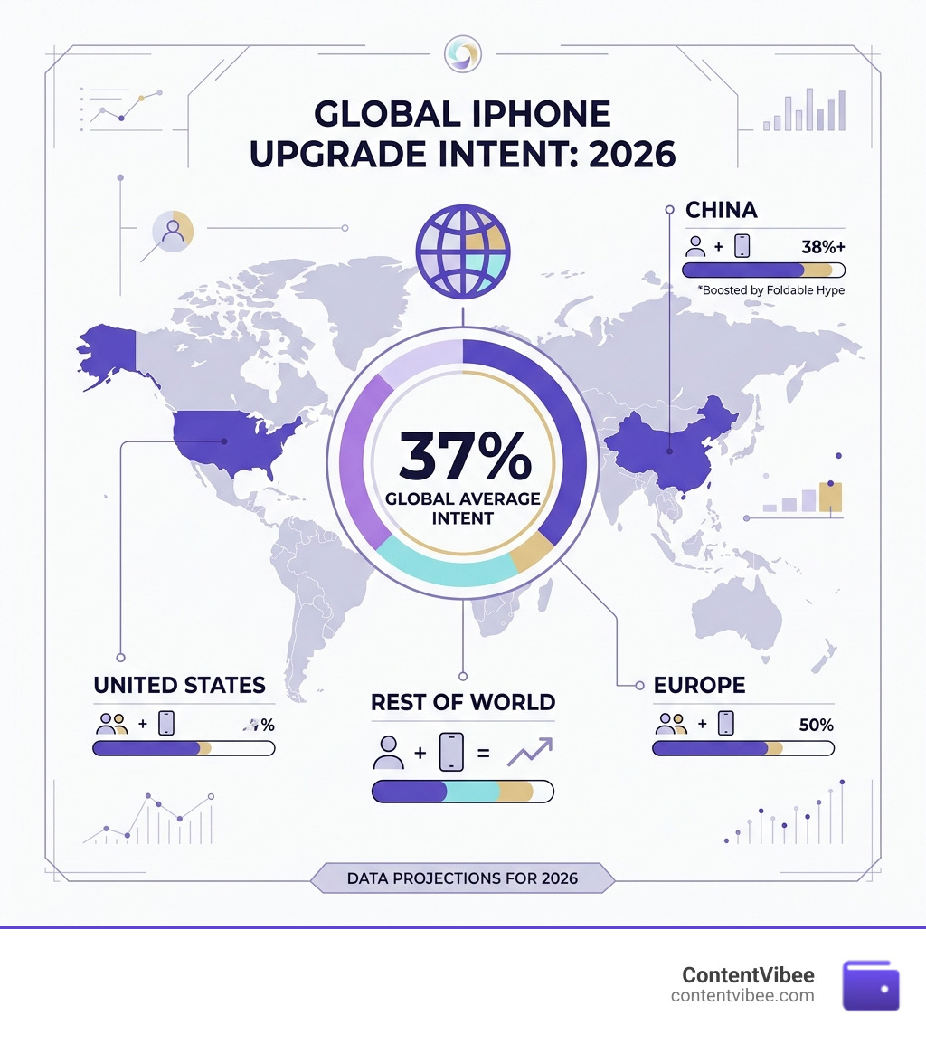 Infographic showing iPhone upgrade intent by region for 2026 with 37 percent global average - apple stock forecast high