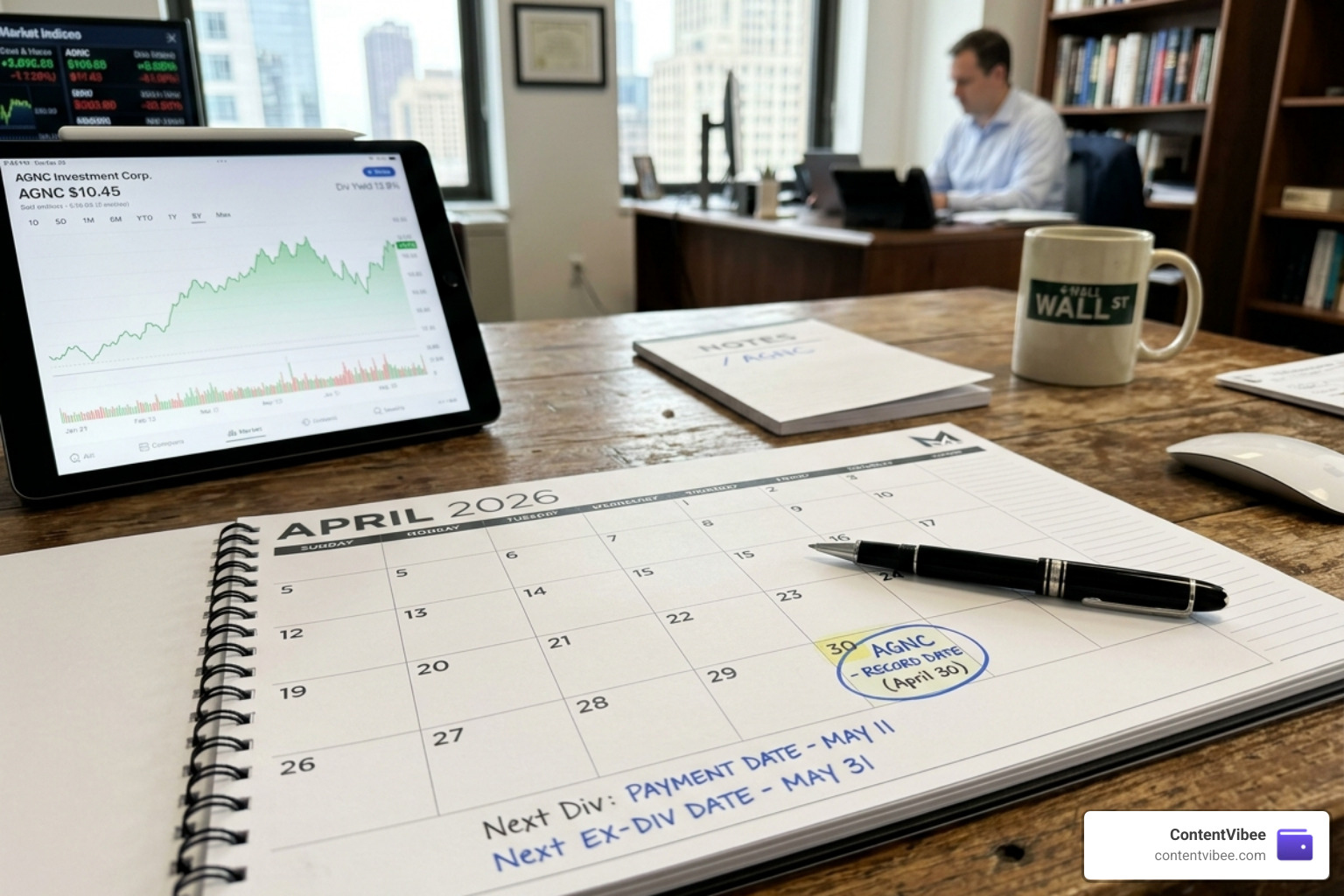 Financial calendar for April 2026 showing AGNC dividend dates - agnc investment corp dividend yield