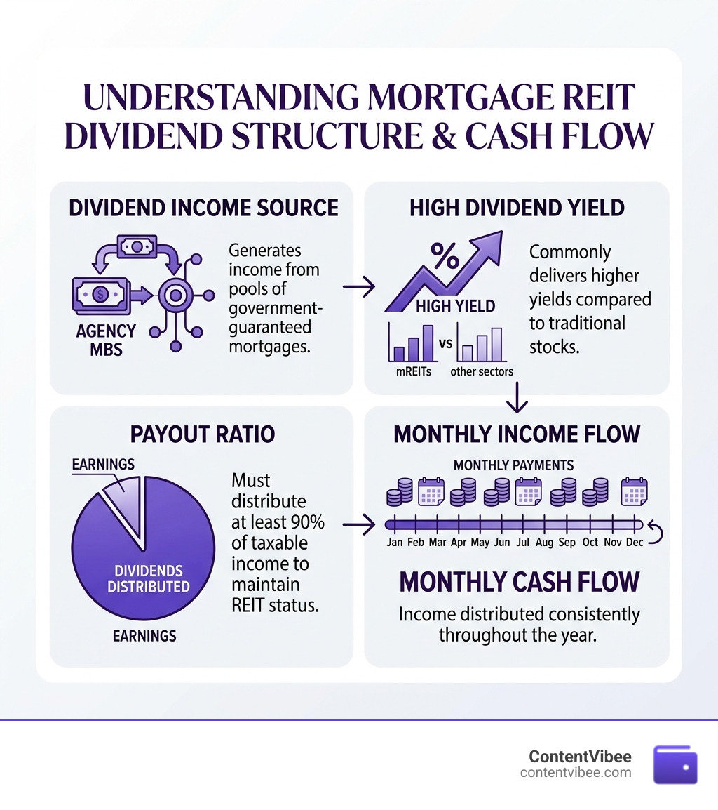 Infographic explaining mortgage REIT dividend structure yield payout ratio and monthly income flow - agnc investment corp
