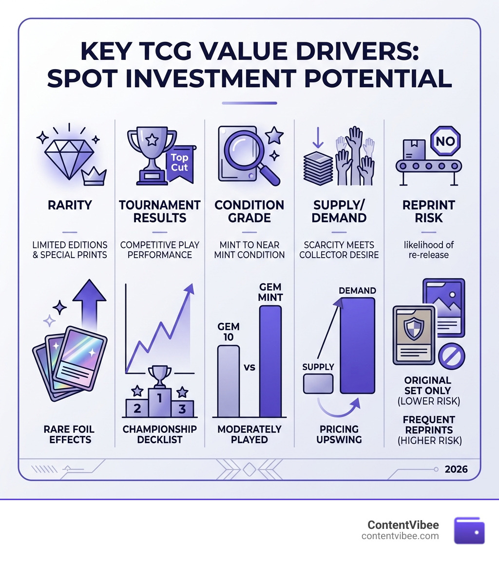 Infographic showing top TCG value drivers: rarity, tournament results, condition grade, supply/demand, and reprint risk