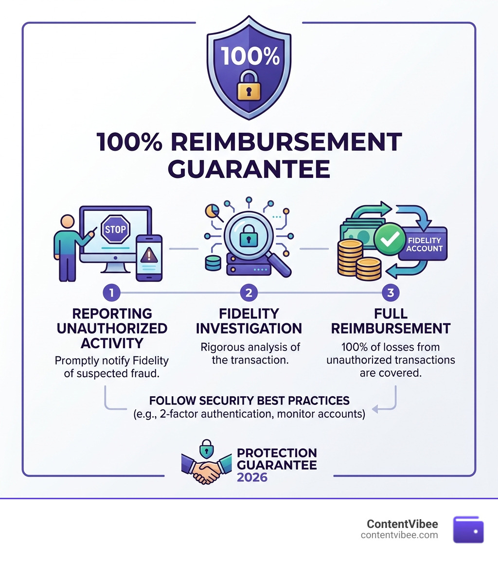 Infographic detailing the 100% reimbursement guarantee for unauthorized transactions at Fidelity - fidelity investments fees