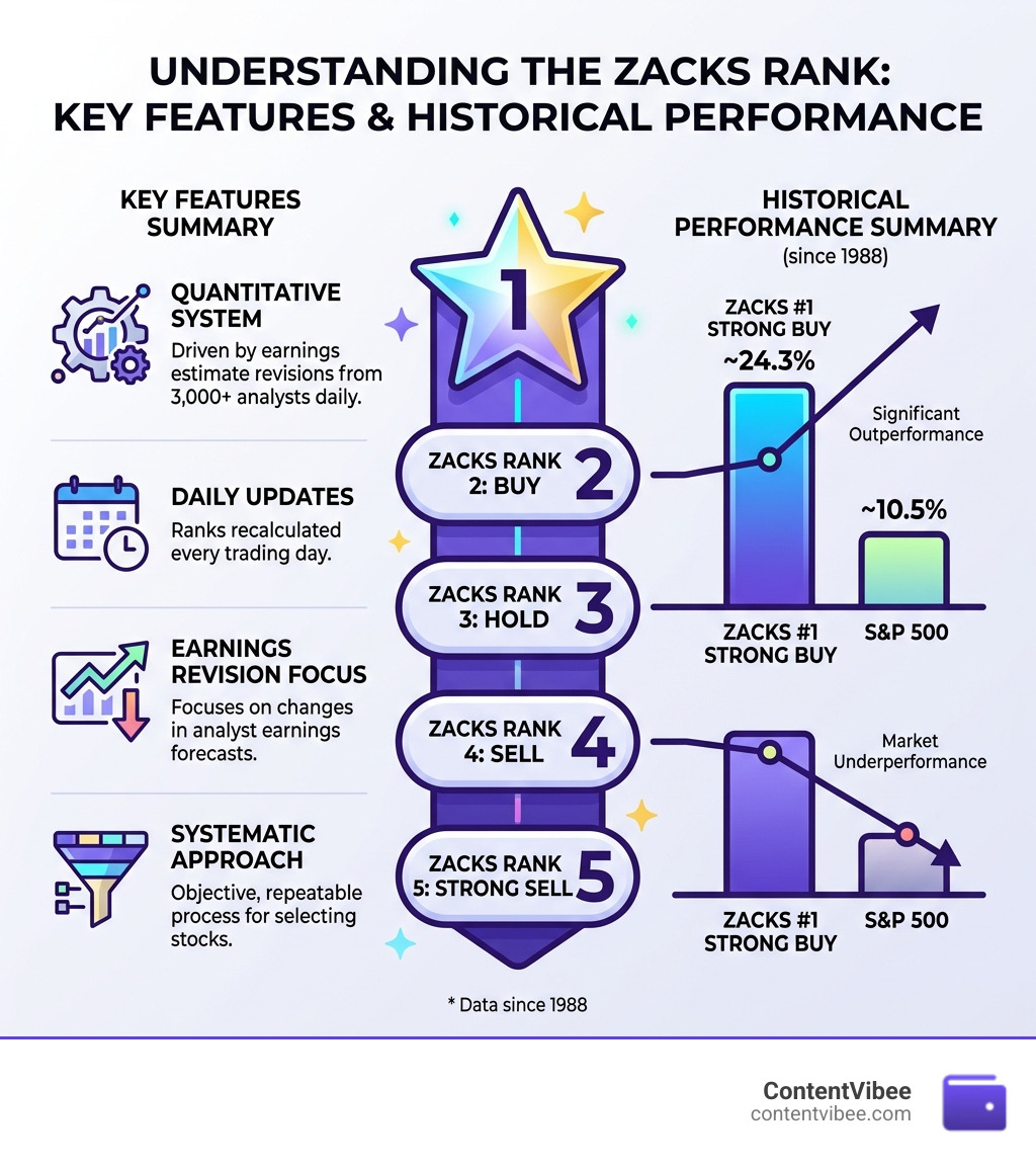 Infographic showing Zacks Rank 1-5 system with historical returns and key features summary - zacks investment research