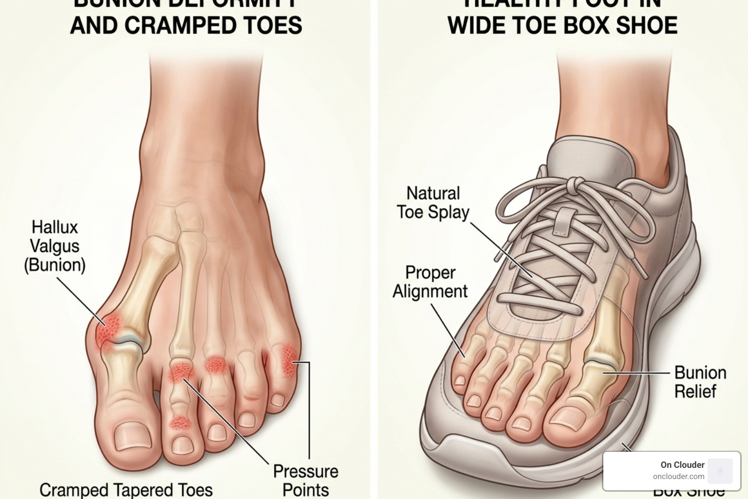 Foot anatomy showing bunion relief and natural toe splay in wide footwear - wide toe box ladies shoes