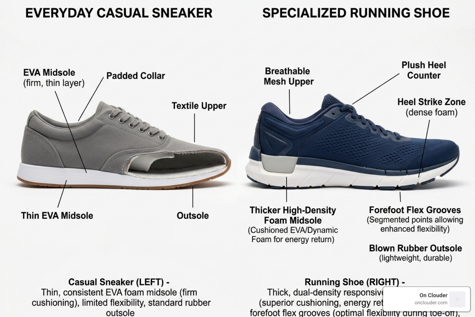 comparing everyday sneakers vs running shoes showing foam density and flex points - running shoes for beginners