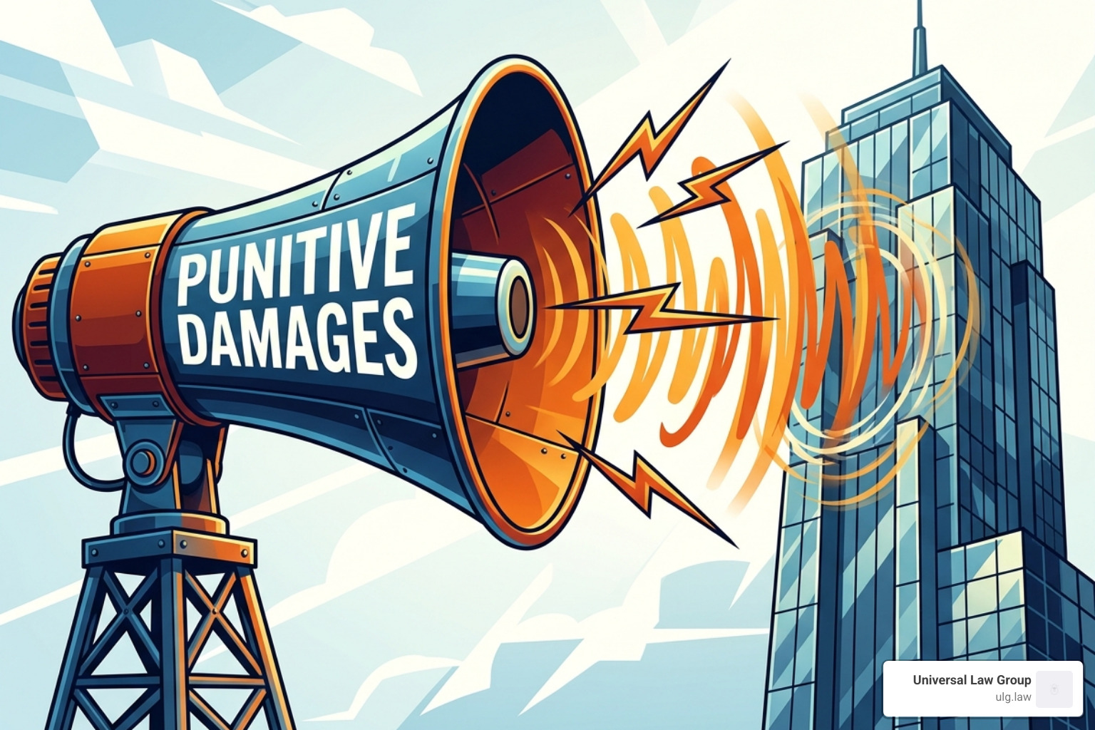A conceptual graphic showing a large megaphone labeled "Punitive Damages" sending a message to a corporate building - what A conceptual graphic showing a large megaphone labeled "Punitive Damages" sending a message to a corporate building - what