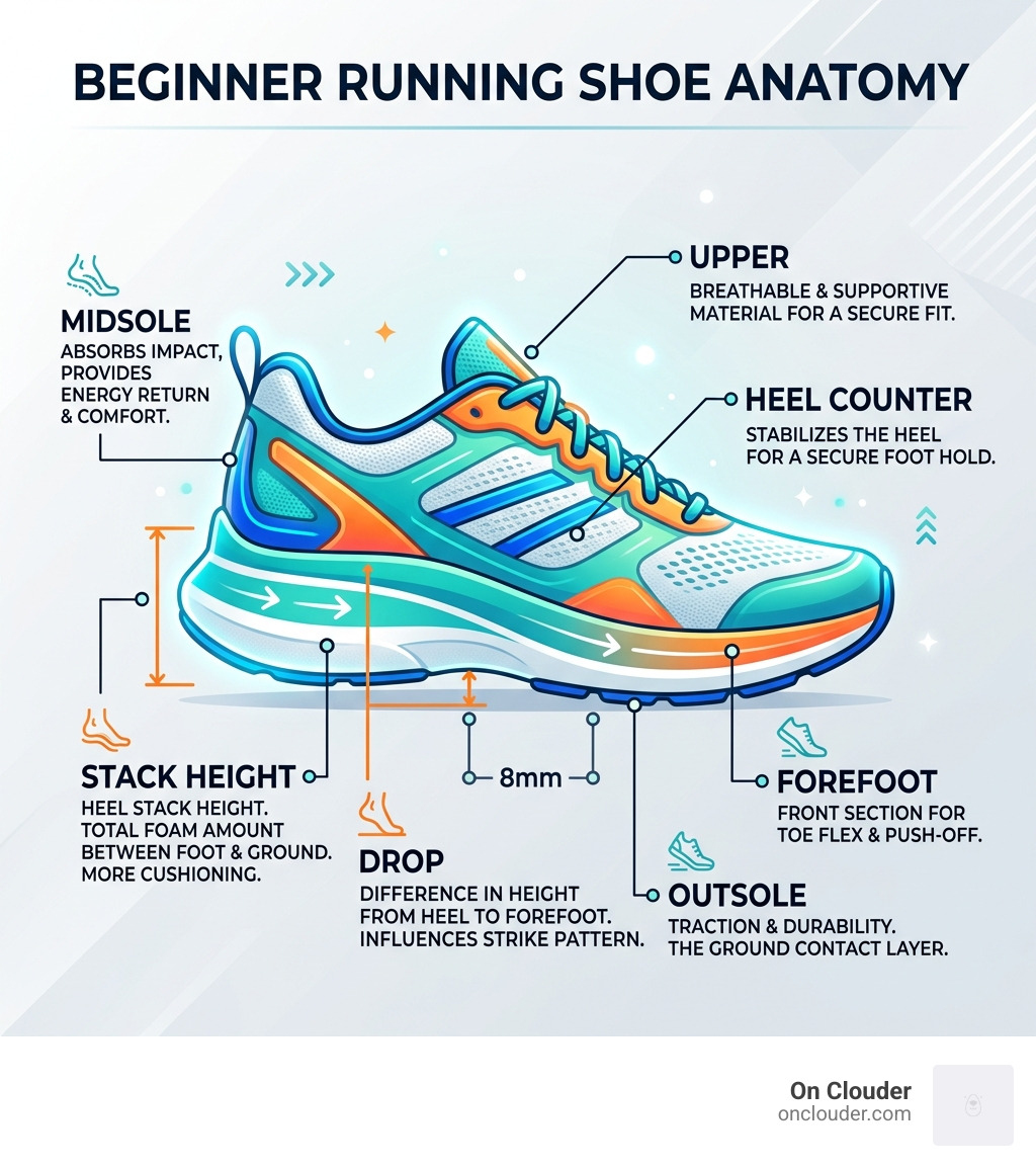 anatomy of a beginner running shoe labeled with key components like midsole, stack height, and drop - running shoes for