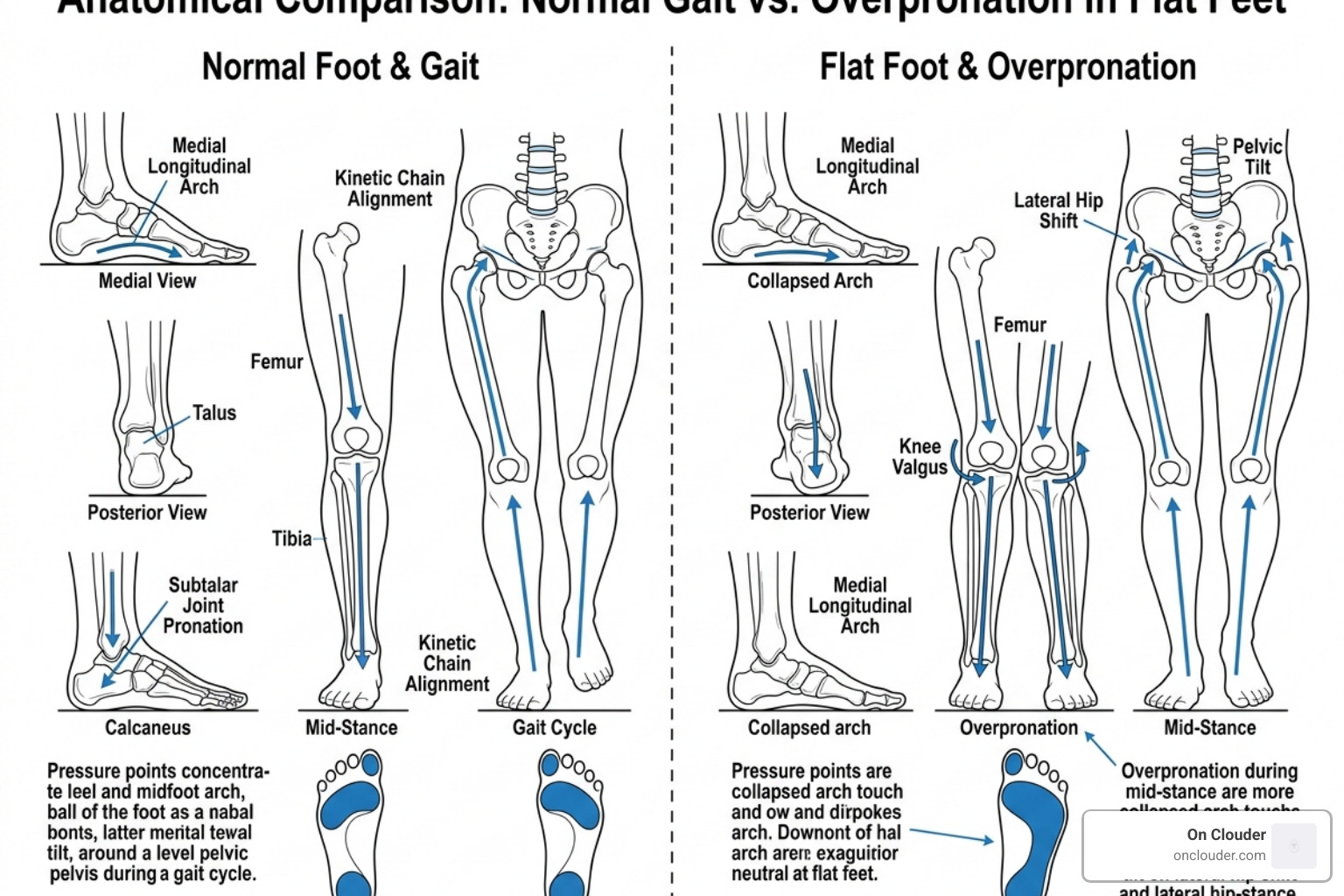 alignment diagram showing how flat feet cause overpronation and joint misalignment - best insoles for flat feet walking