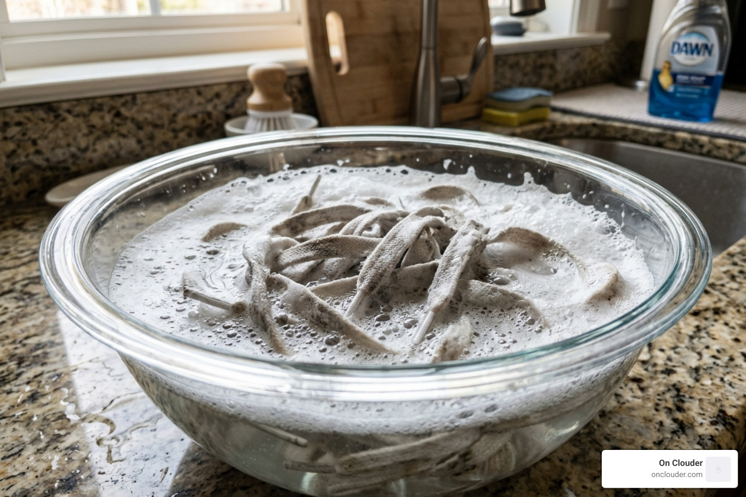 shoelaces soaking in a bowl of soapy cleaning solution - how to clean white gym shoes