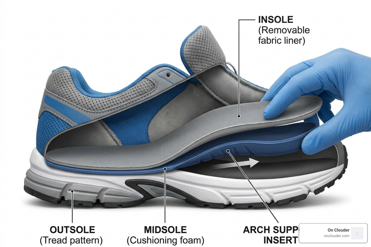 Graphic showing how an arch support insert fits into a standard shoe - best shoes with arch support Graphic showing how an arch support insert fits into a standard shoe - best shoes with arch support