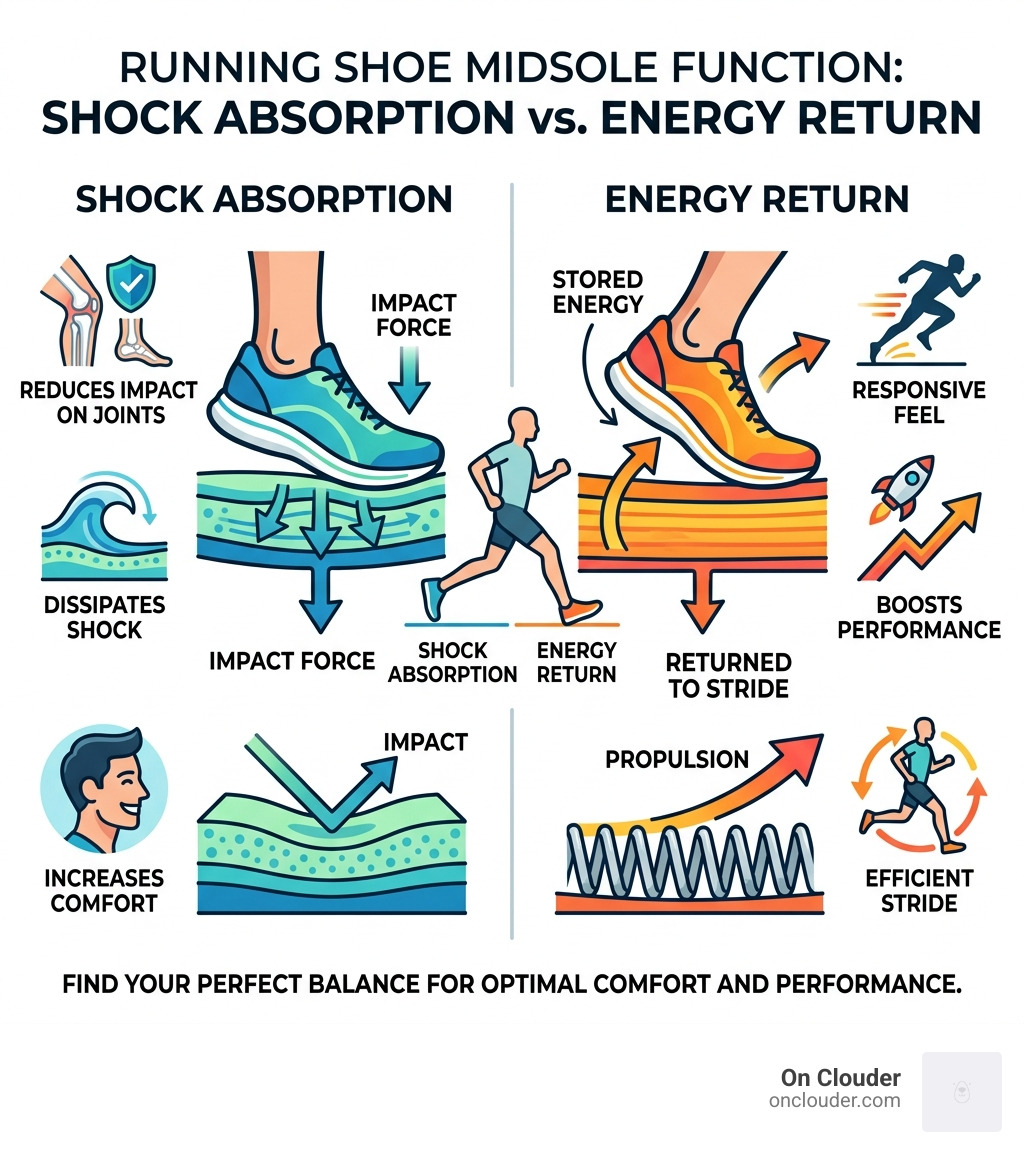 Infographic comparing shock absorption vs energy return in running shoe midsoles - shock absorber shoes for running
