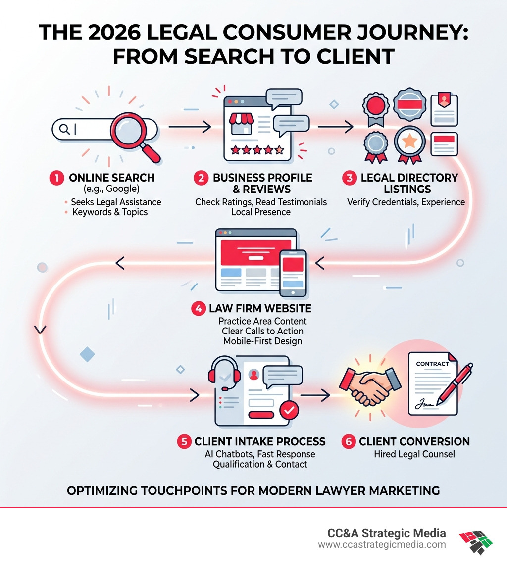 Infographic showing the 2026 legal consumer journey from online search to client conversion, with key touchpoints including Infographic showing the 2026 legal consumer journey from online search to client conversion, with key touchpoints including
