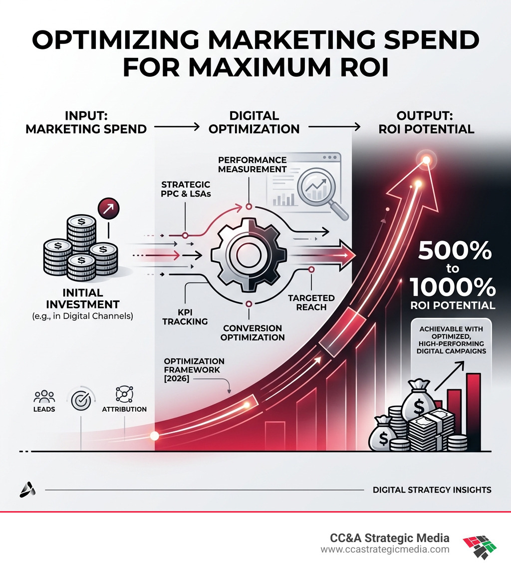 Graphic illustrating the relationship between marketing spend and ROI, highlighting the 500% to 1000% ROI potential of Graphic illustrating the relationship between marketing spend and ROI, highlighting the 500% to 1000% ROI potential of