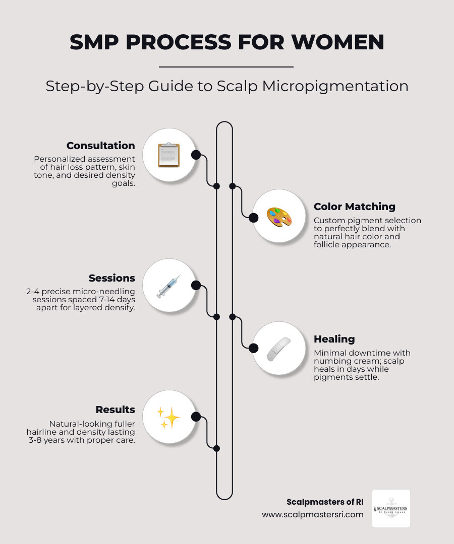 SMP process for women infographic showing steps: consultation, color matching, sessions, healing, and results in Rhode SMP process for women infographic showing steps: consultation, color matching, sessions, healing, and results in Rhode
