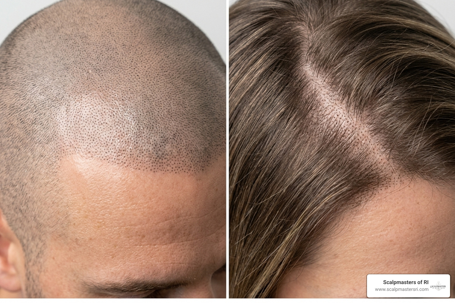 comparison of male vs female SMP patterns showing density vs shaved look - scalp tattoo women comparison of male vs female SMP patterns showing density vs shaved look - scalp tattoo women