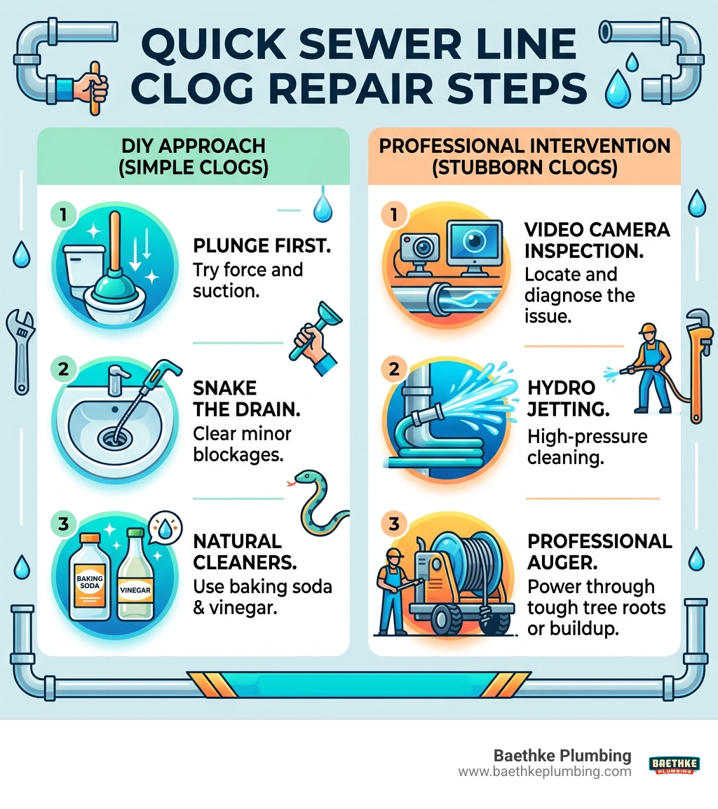 Infographic showing quick sewer line clog repair steps from DIY to professional intervention - sewer line clog repair