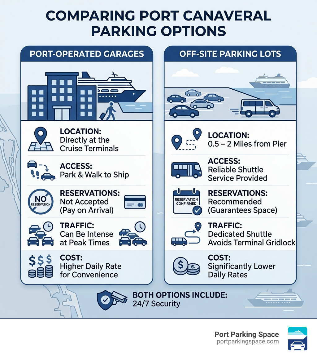 Infographic comparing port-operated vs off-site parking options at Port Canaveral, FL - best parking port canaveral