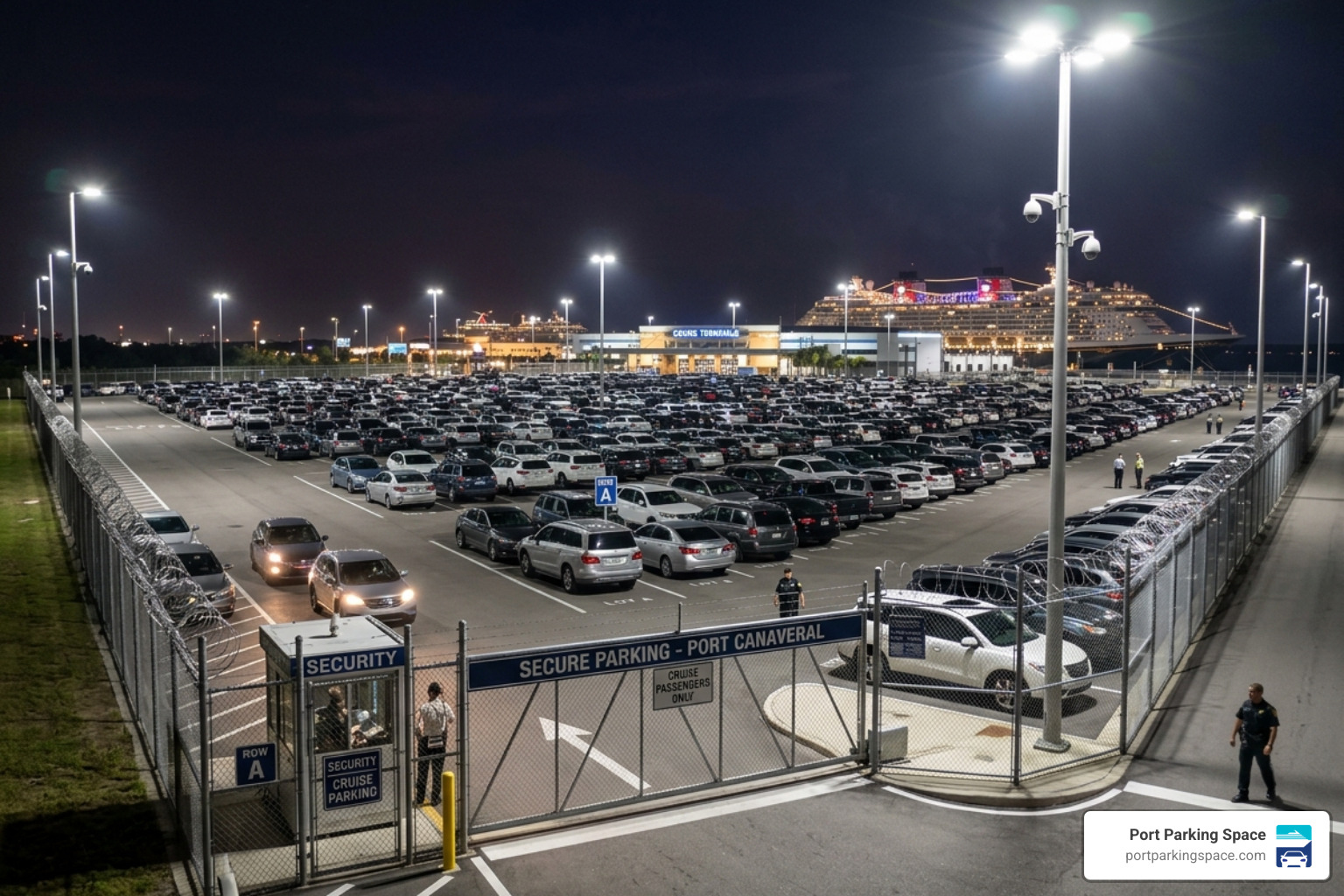 secure cruise parking lot with lighting and fencing - best parking port canaveral