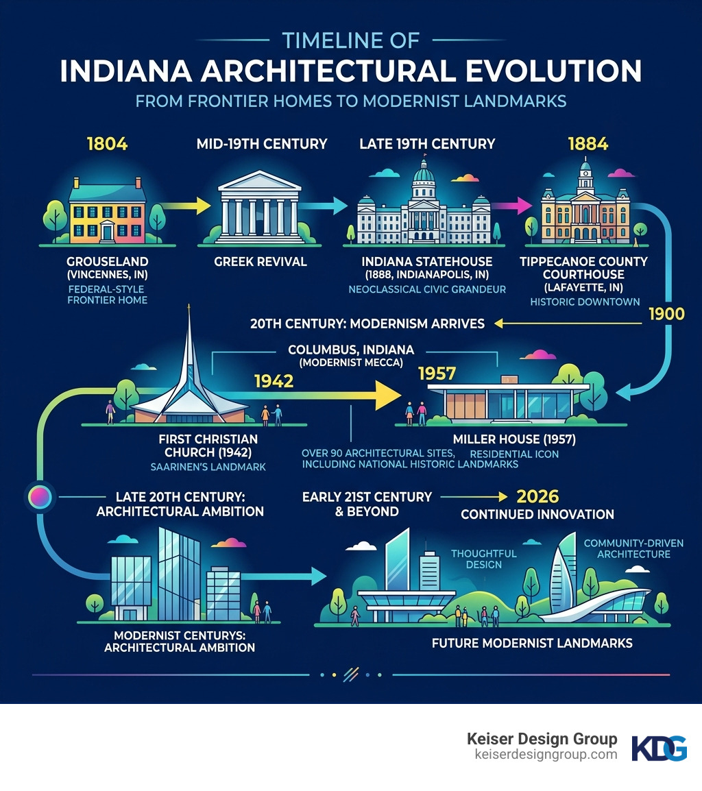 Timeline infographic of Indiana architectural evolution from 1804 Grouseland to 2026 modernist landmarks - Indiana Timeline infographic of Indiana architectural evolution from 1804 Grouseland to 2026 modernist landmarks - Indiana