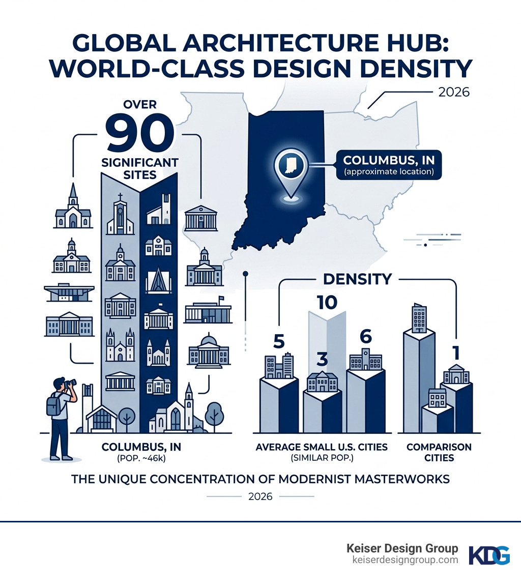 Infographic showing the density of world-class architects in Columbus, IN compared to other small cities - Indiana Infographic showing the density of world-class architects in Columbus, IN compared to other small cities - Indiana